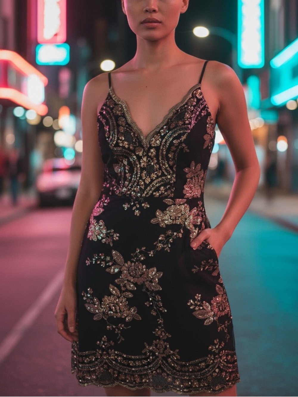 Source Unknown Black Midi Dress with Gold Sequin Floral Detail